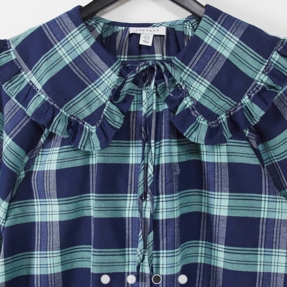 Topshop collared shirt blue plaid Peasant Baloon Sleeve Bohemian 8 Cottagecore - Picture 12 of 13